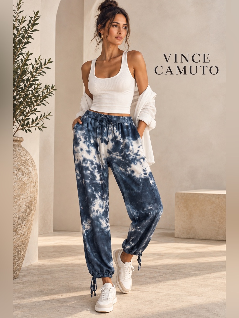 Vince Camuto Navy and White Tie-Dye Jogger Pants